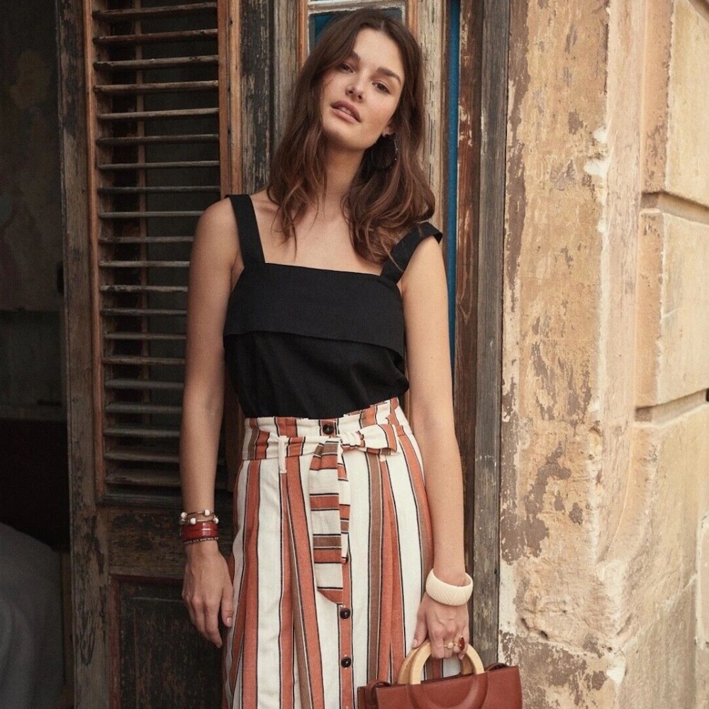Sezane Amandine Linen Skirt , Color Ecru/Rust/Coffee Stripe, Size 36 FR/4 US
